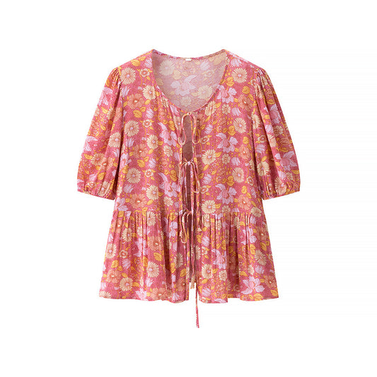 Women's New Fashion Viscose Wrinkle Print Short Sleeve Embroidered Shirt