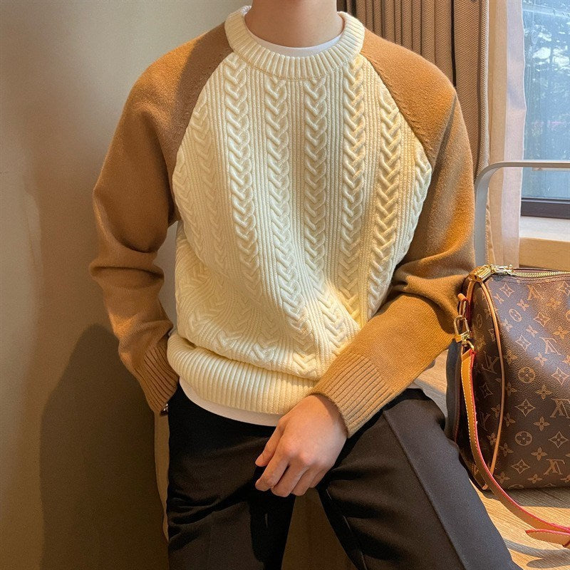 Round Neck Pullover Thickened Color-blocked Cable Knit Casual Men's Sweater