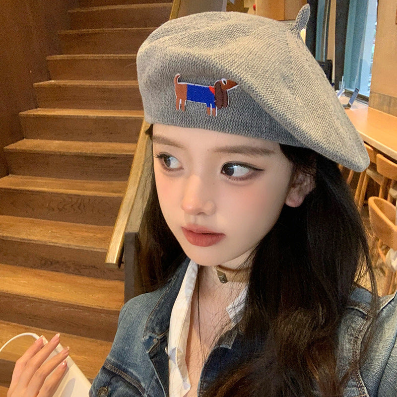 Cute Embroidered Dog Hollow-out Thin Knit Beret
