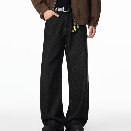 American Retro Black Raw Denim Jeans Autumn Loose A-line Wide Leg