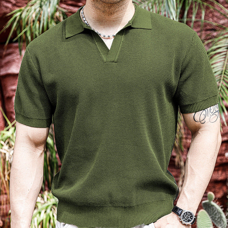 Men's Ribbed Solid Color Simple Flip Collar Sport Short Sleeve