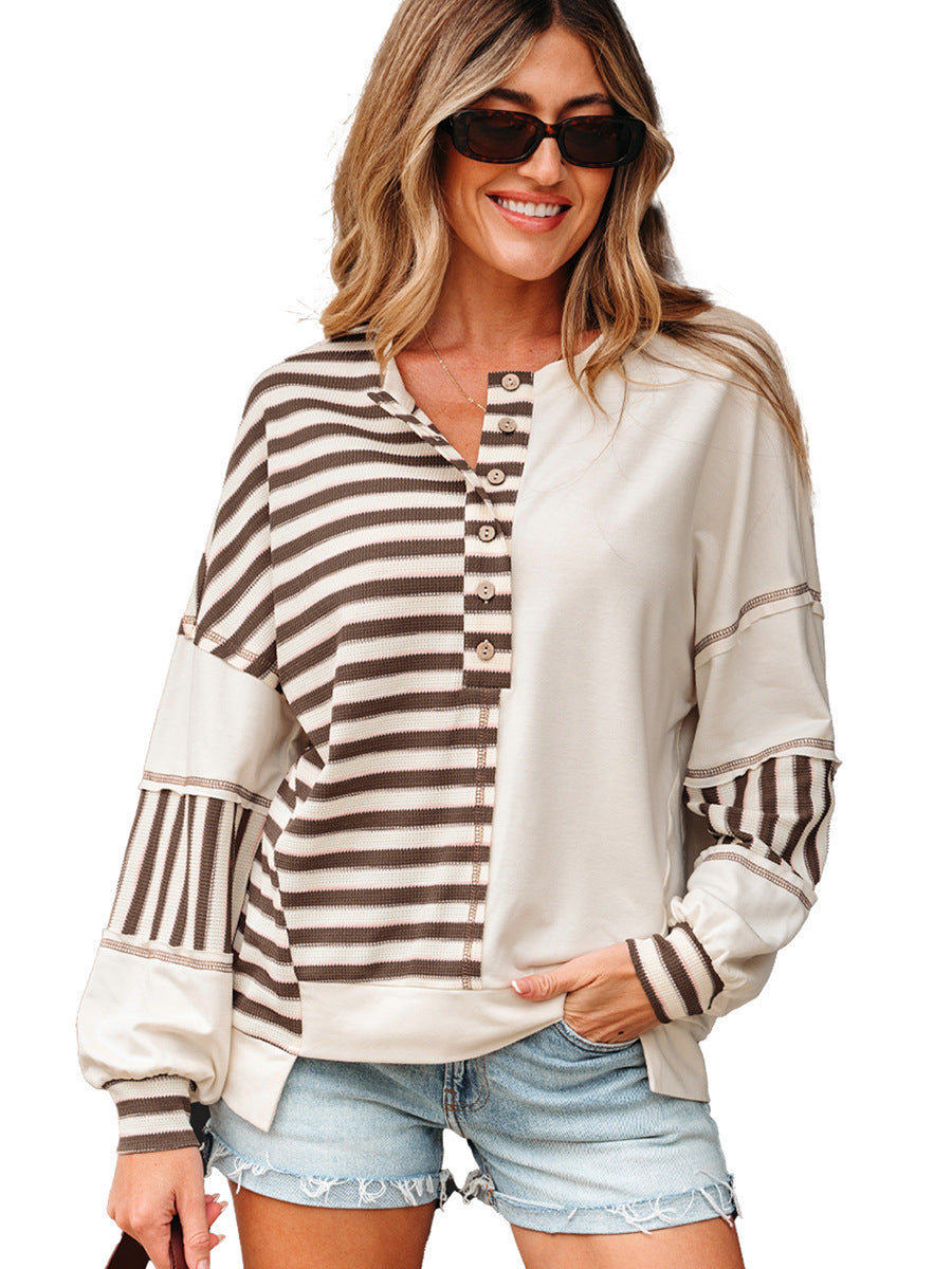 Women's Multi-color Striped Print Lapel Slit Long Sleeve Top