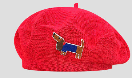 Cute Embroidered Dog Hollow-out Thin Knit Beret