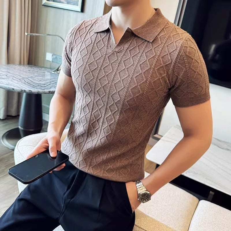 Men's Lapel Short Sleeve Knitted Sweater