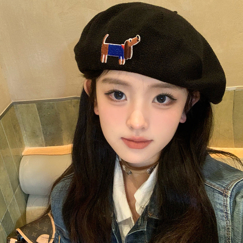 Cute Embroidered Dog Hollow-out Thin Knit Beret